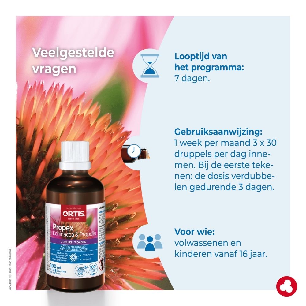 Bruine glazen fles met witte schroefdop, etiket met echinaceabloem en productinformatie.