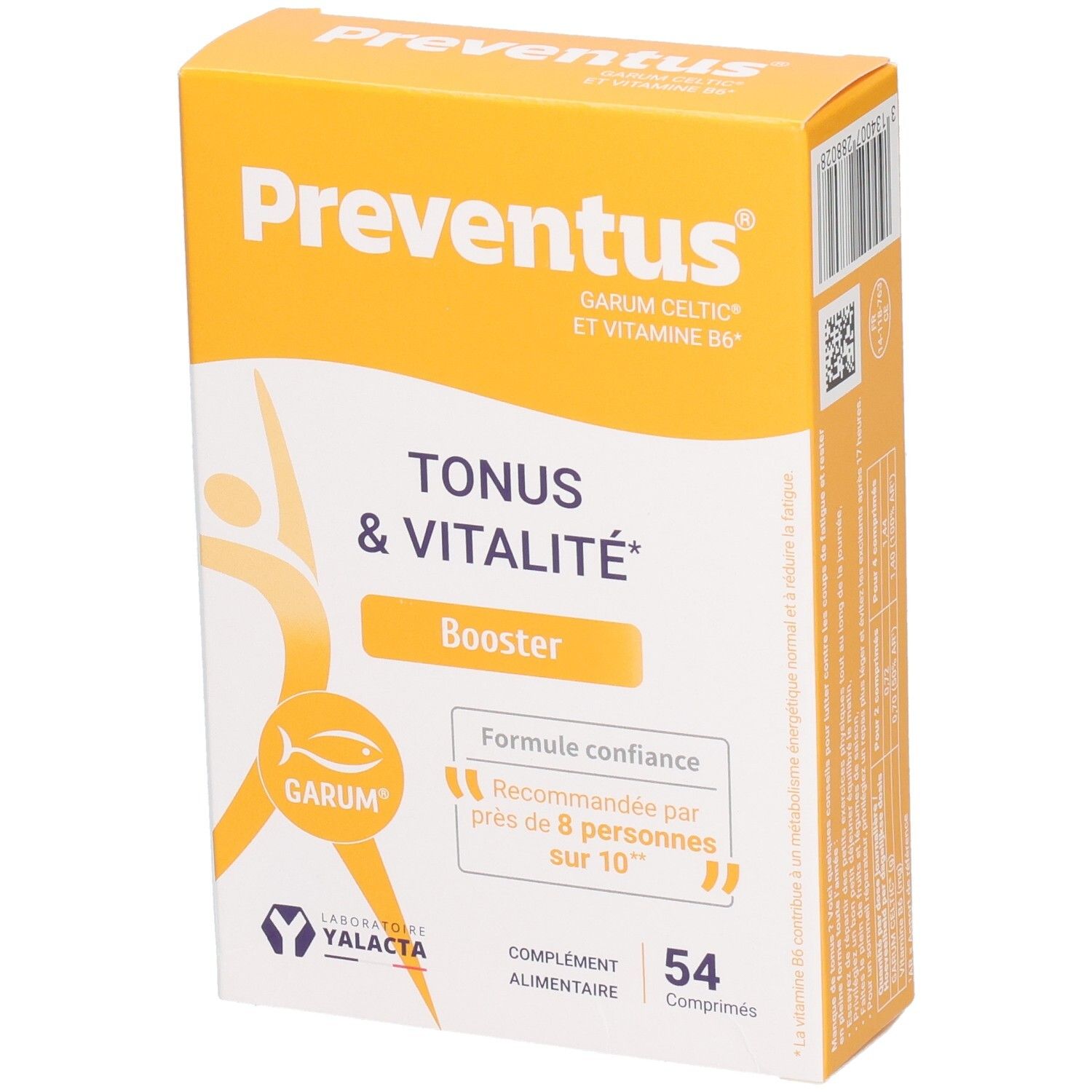 Boîte de Yalacta Preventus, complément alimentaire pour le tonus et la vitalité, 54 gélules.