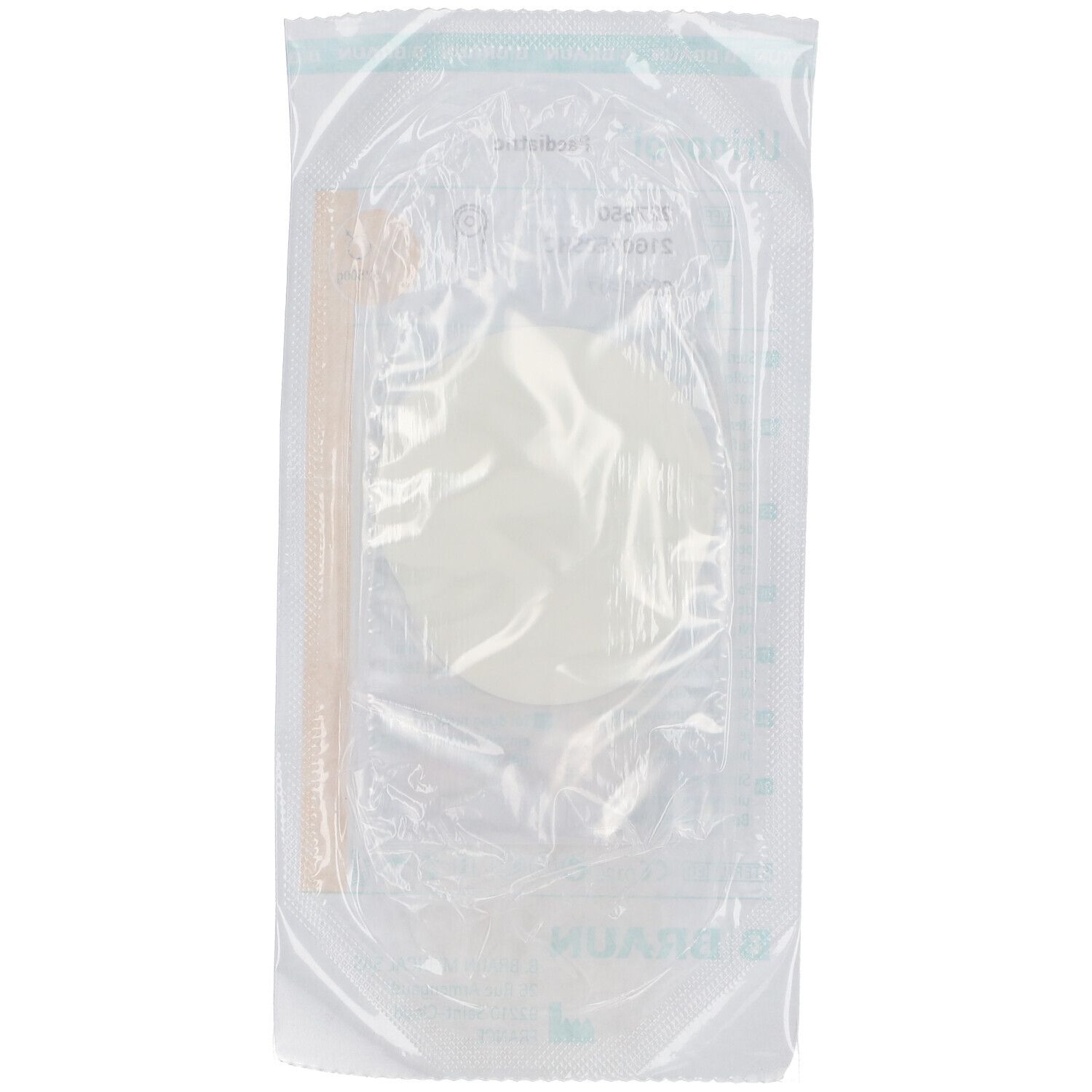 Transparante verpakking met medische accessoires. Inhoud gedeeltelijk zichtbaar: wit, rond element en een slang.