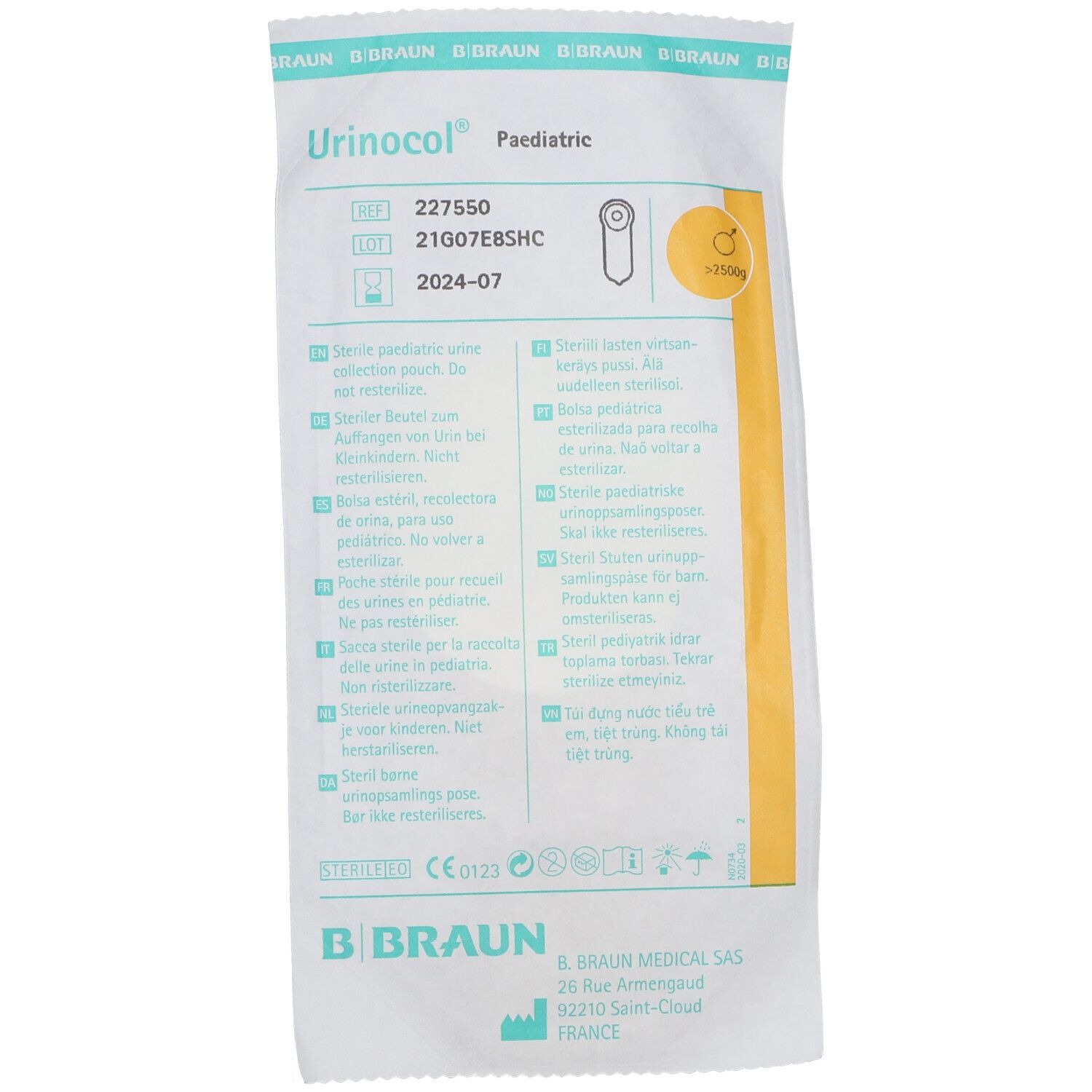 Verpakking van Urinocol. Tekst: 'Urinocol', 'Pediatric', productnummer, lotnummer, vervaldatum. Logo B. Braun.