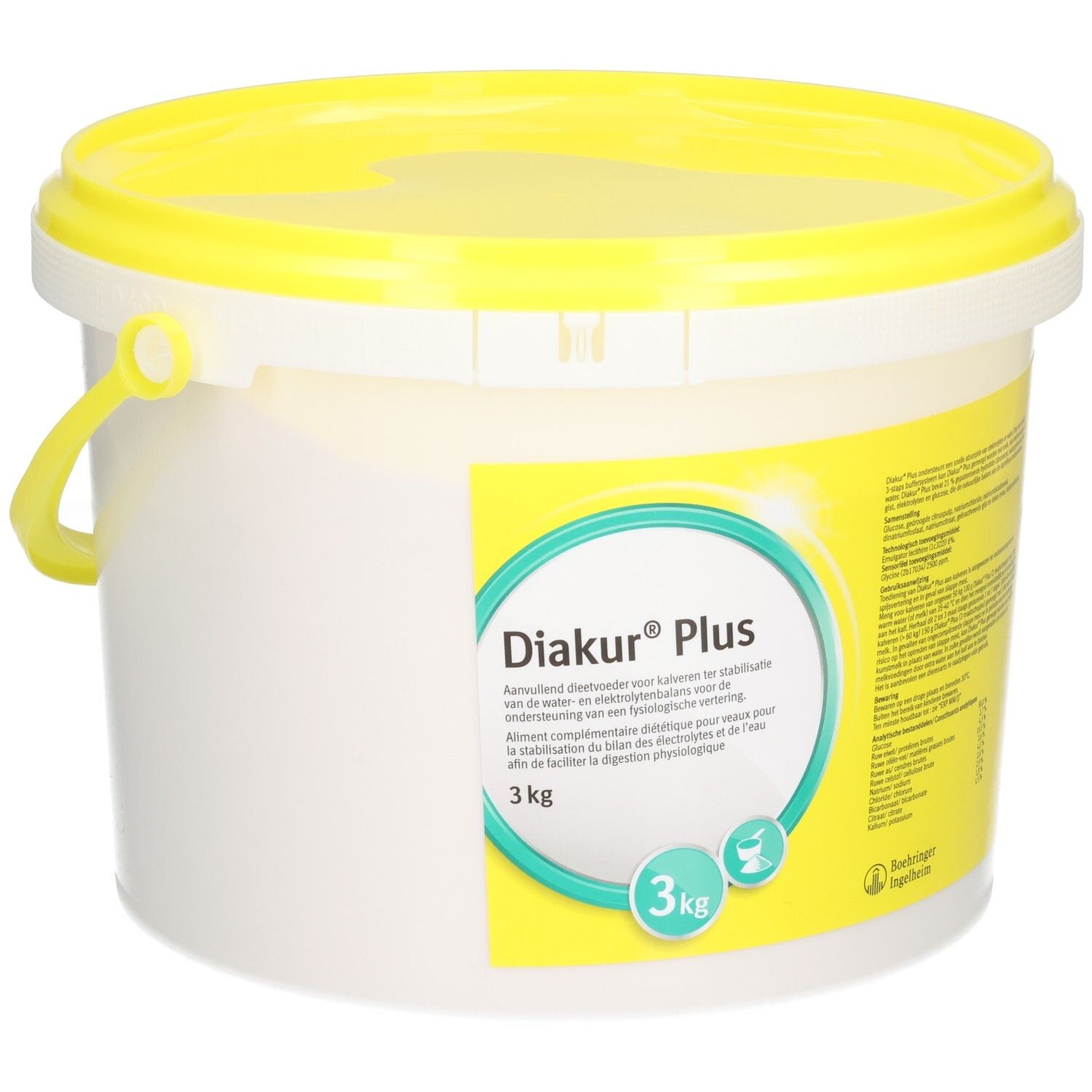 Diakur Plus 3 kg emmer met gele deksel en handvat. Voorzijde met geel etiket en productinformatie.