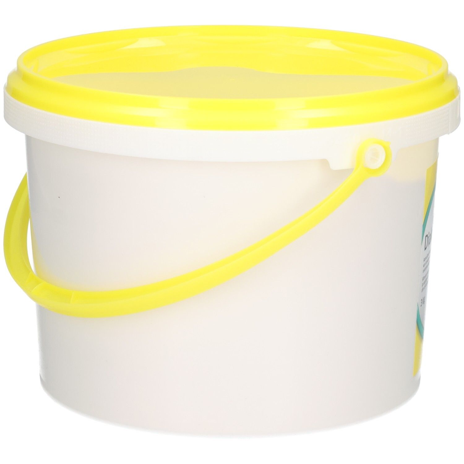 Diakur Plus 3 kg emmer, zijaanzicht. Witte emmer met gele deksel en handvat.