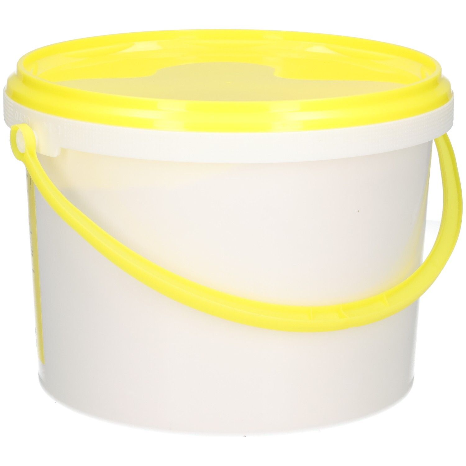 Diakur Plus 3 kg emmer, zijaanzicht. Witte emmer met gele deksel en handvat.