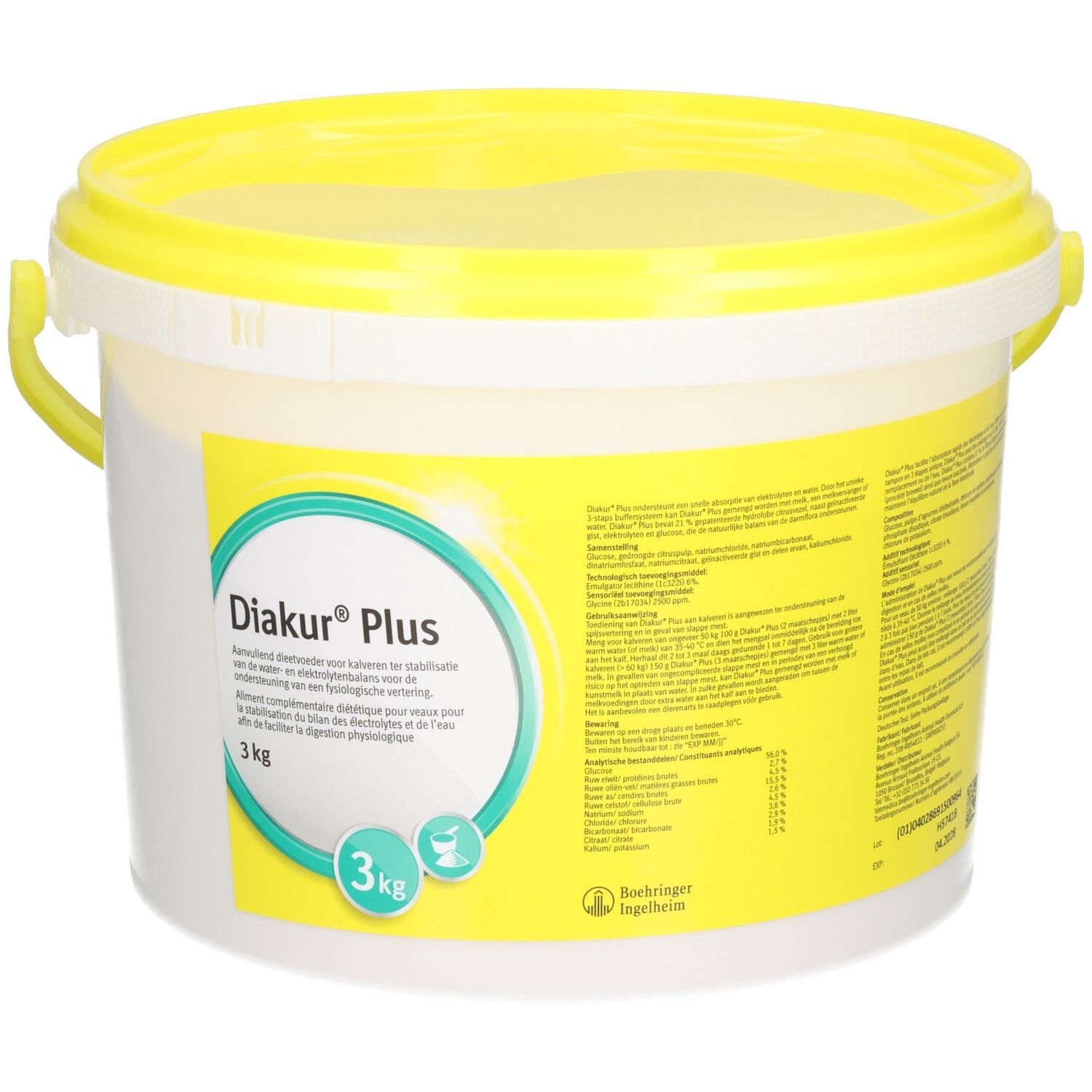 Diakur Plus 3 kg emmer met gele deksel en handvat. Voorzijde met geel etiket en productinformatie.