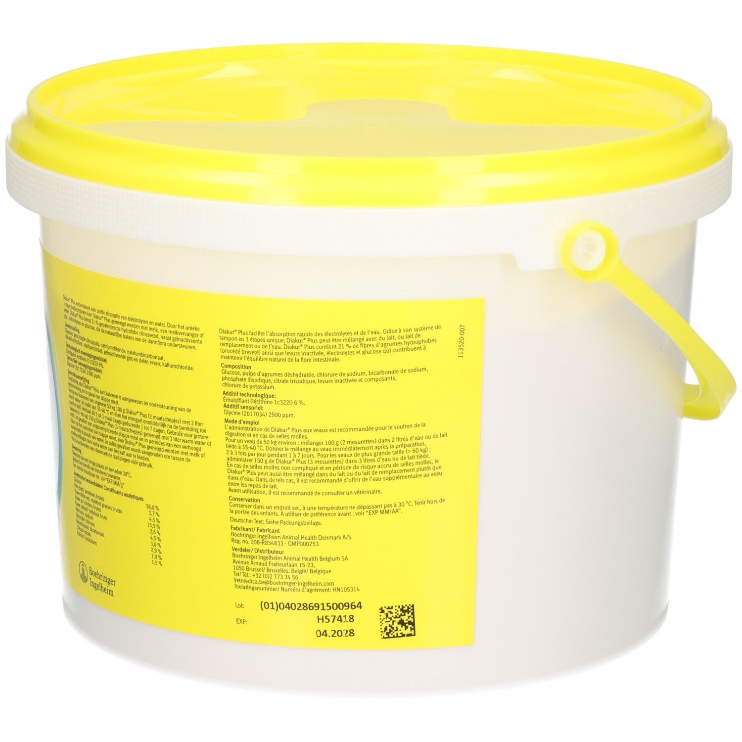 Diakur Plus 3 kg emmer met gele deksel en handvat. Achterzijde met geel etiket en gedetailleerde productinformatie.