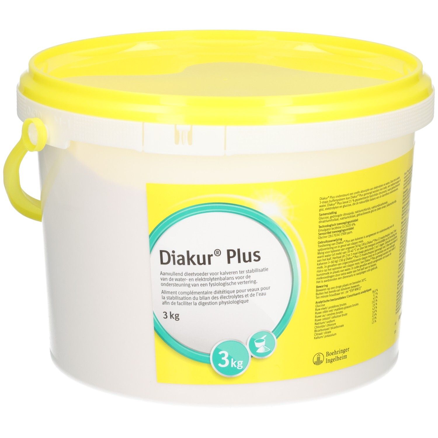 Diakur Plus 3 kg emmer met gele deksel en handvat. Voorzijde met geel etiket en productinformatie.