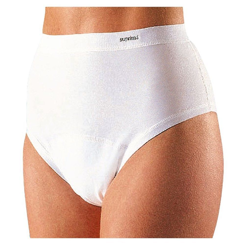 Slip d'incontinence blanc à taille haute. Le nom de la marque Suprima est visible sur la ceinture. En coton.