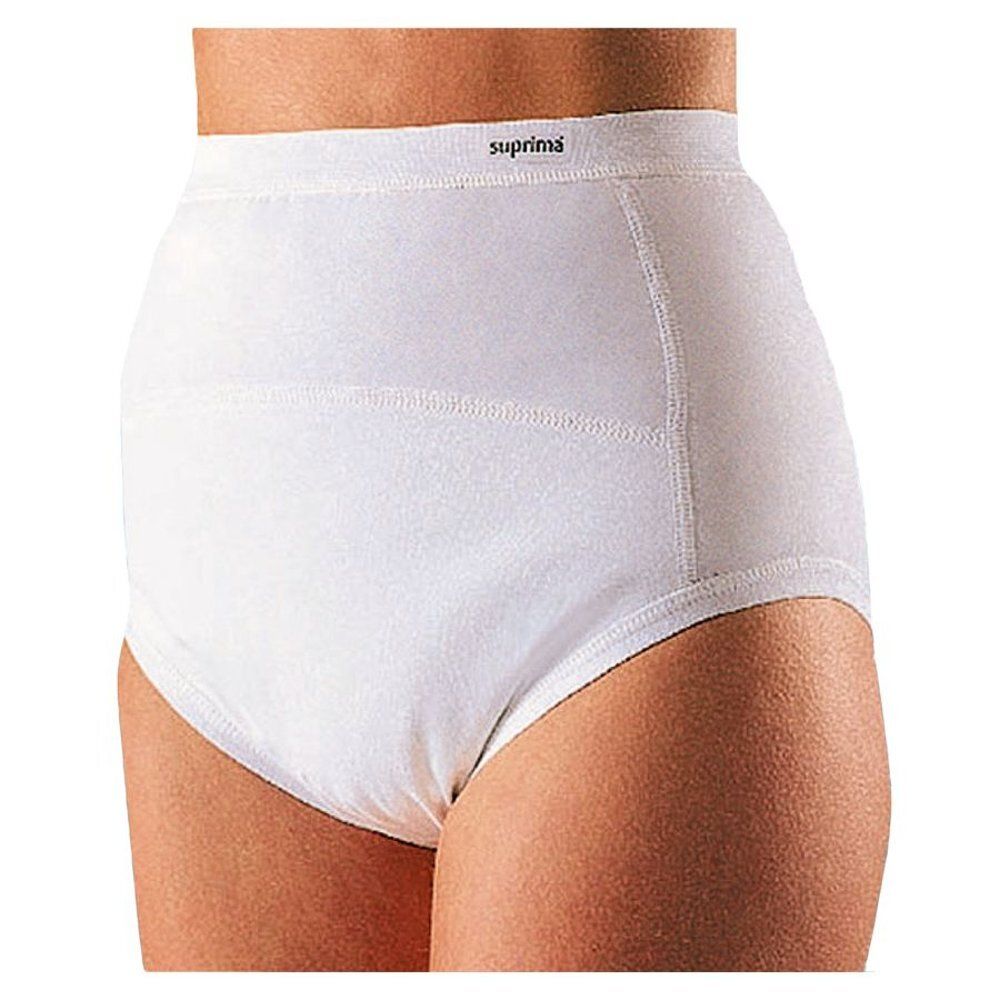 Witte slip met hoge taille. "suprima" staat op de tailleband. Het product bedekt de buik en dijen.