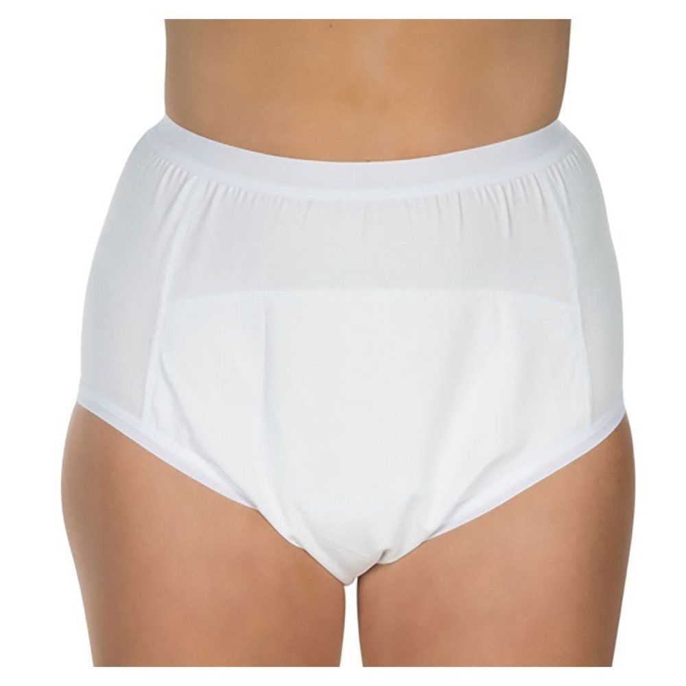 Witte slip met hoge taille. De slip bedekt de buik en heupen. De vorm is duidelijk zichtbaar.