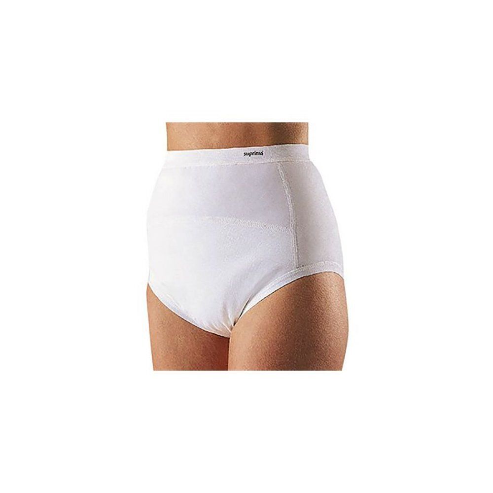 Slip blanc taille haute. Le nom "Suprima" est visible sur la ceinture.