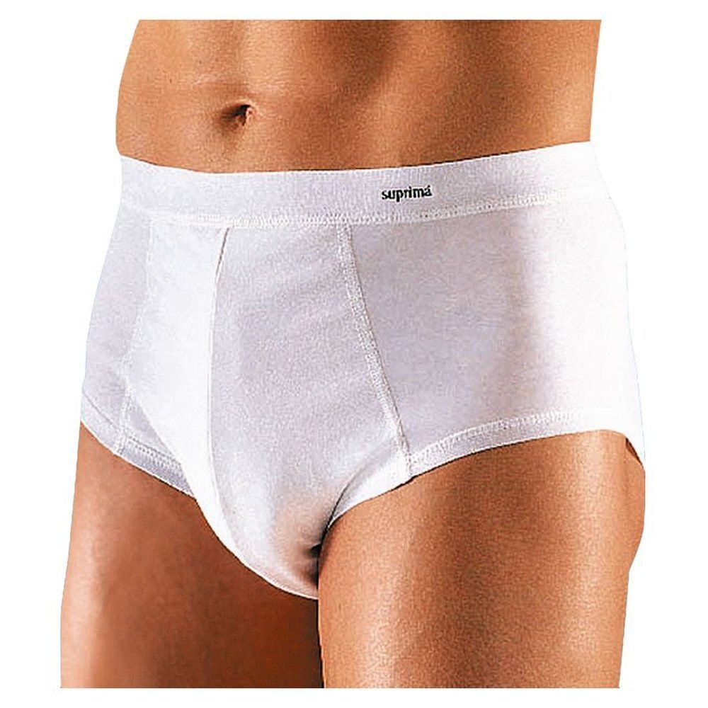 Slip blanc pour homme, marque "suprima" sur la ceinture. Matière coton. Vue de face.