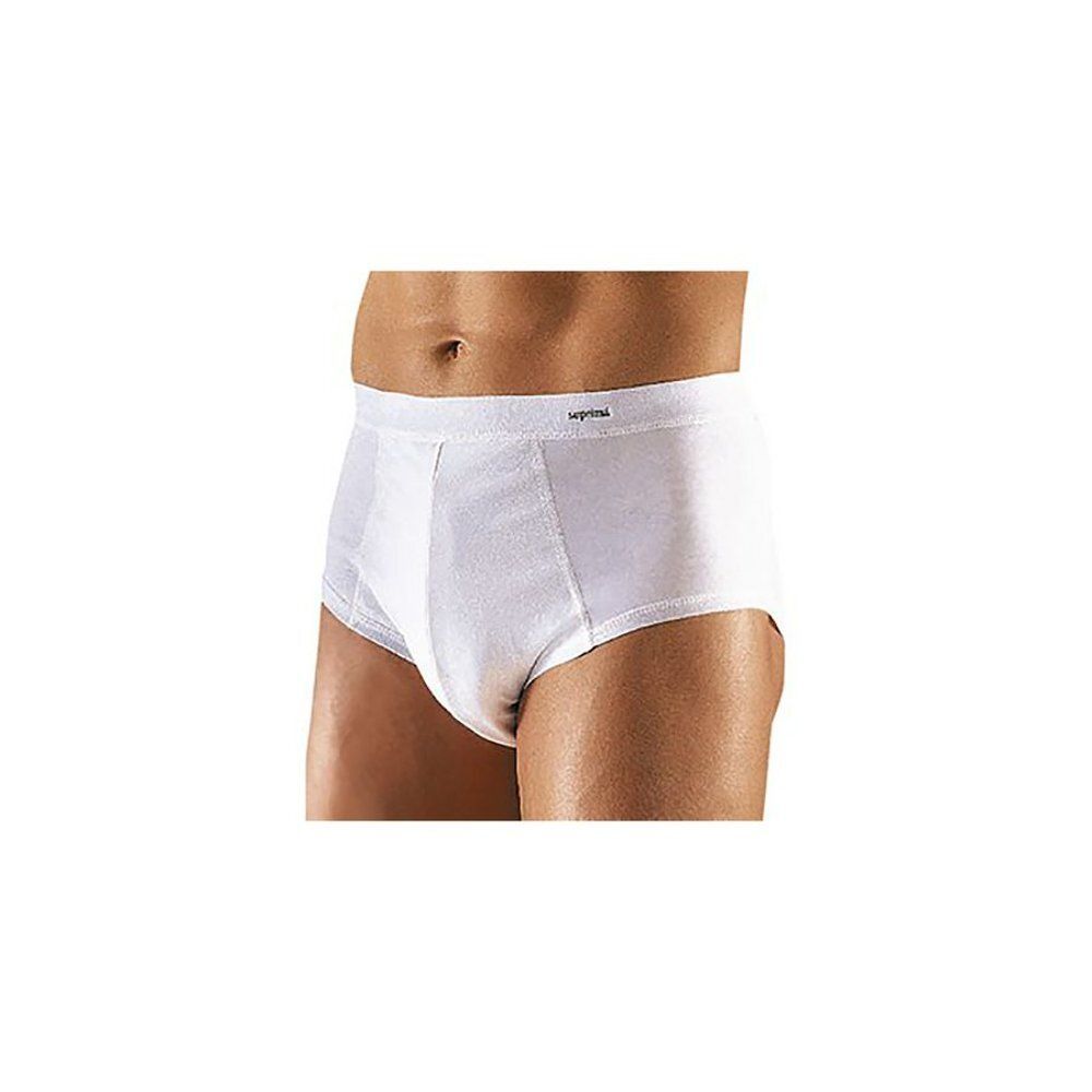 Slip blanc avec large ceinture et devant renforcé. Petit nom de marque sur la ceinture. Porté sur un corps.
