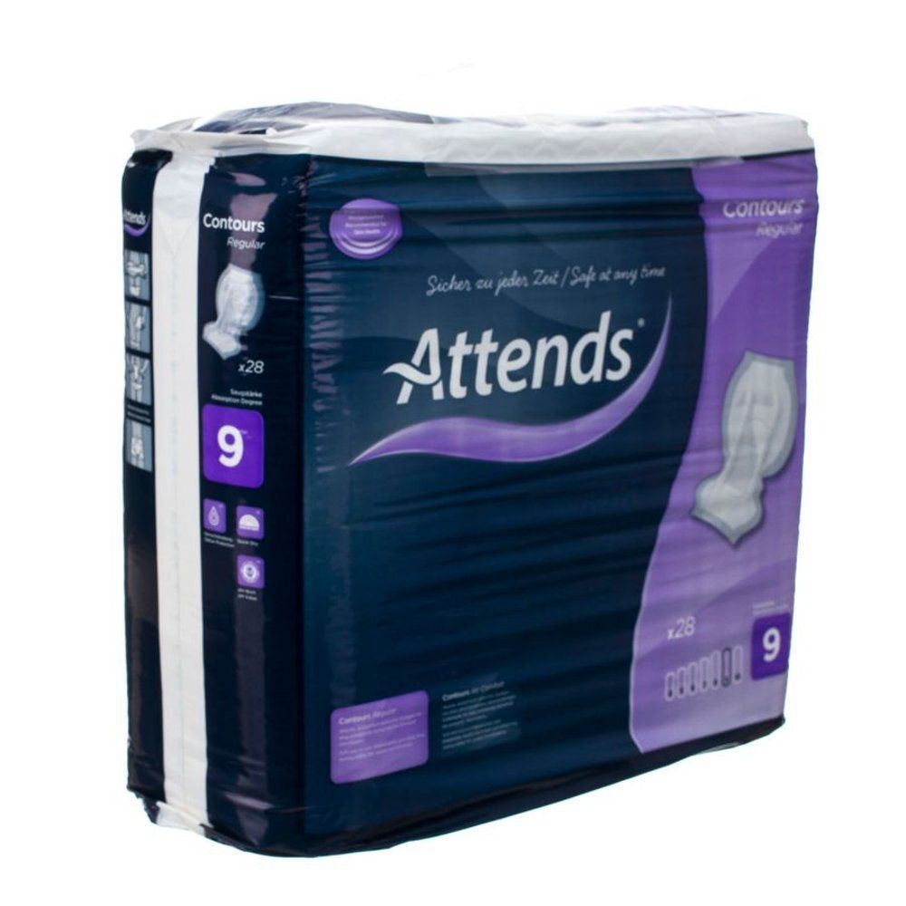 Paquet de Attends Panty Liner Contours Maxi 9. Emballage bleu foncé avec accents violets. Inscriptions: Attends, 9, Contours.