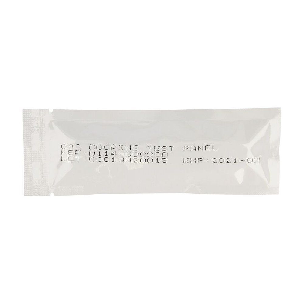 Cocaïneteststrip. Opschrift: COC COCAINE TEST PANEL, REF: D114-COC300, LOT: COC19020015, EXP: 2021-02.