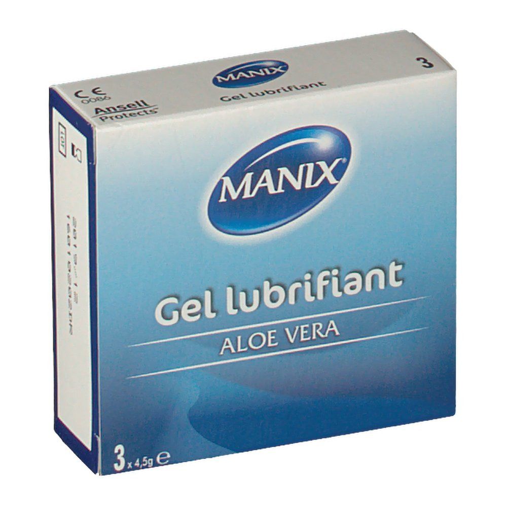 Doos "MANIX Gel lubrifiant" Aloe Vera. 3 x 4,5g. CE-markering.