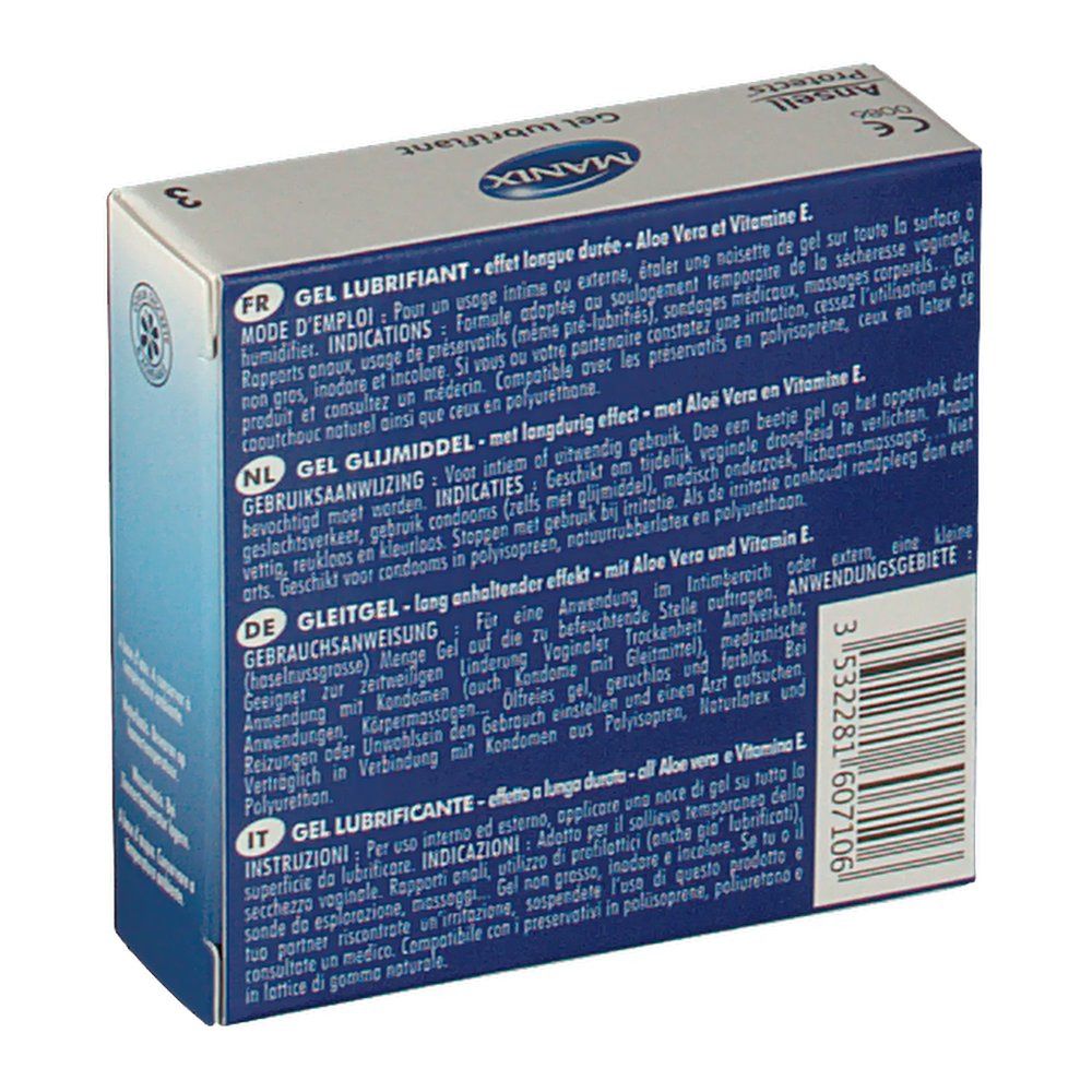 Achterkant verpakking "MANIX Gel lubrifiant". Tekst in Frans, Nederlands, Duits, Italiaans.