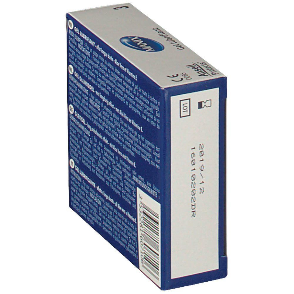 Verpakking "MANIX Gel lubrifiant". CE-markering. Lotnummer en vervaldatum.