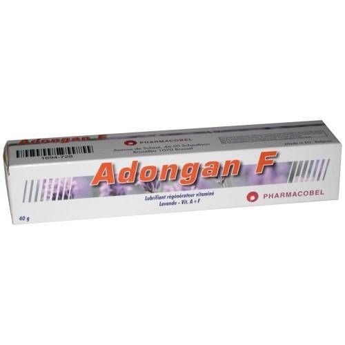 Kartonnen doos met de naam "Adongan F". Opschrift: "Lubrifiant régénérateur vitaminé Lavande - Vit. A + F". Merk Pharmacobel.