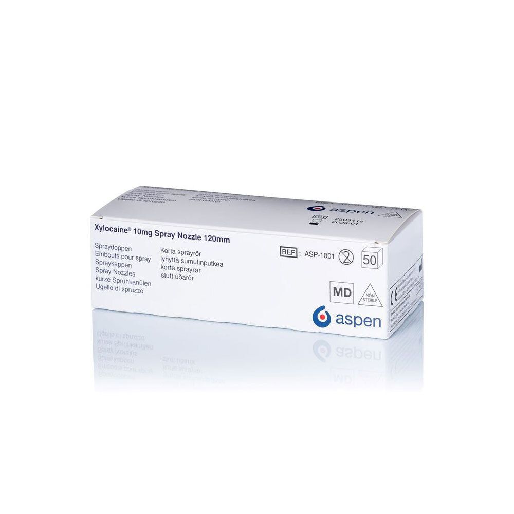 Boîte blanche Xylocaine® 10mg Spray Nozzle 120mm. Logo Aspen. 50 unités.