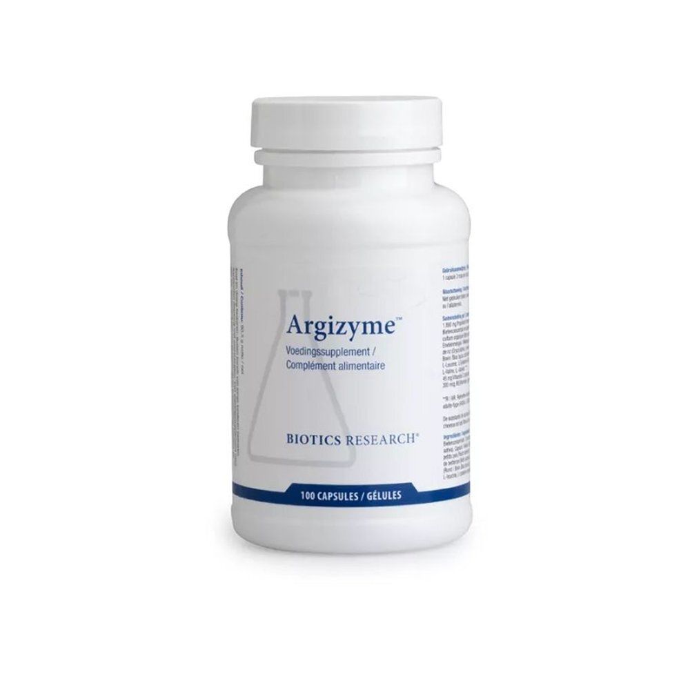 Witte fles Argizyme Biotics. Opschrift: Voedingssupplement. 100 capsules.