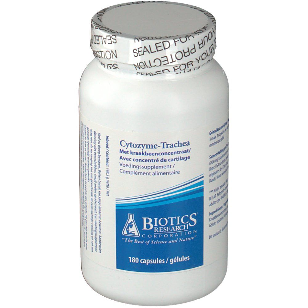Flacon blanc avec bouchon à vis. Inscription: Biotics Research, Cytozyme-Trachea, 180 capsules. Sceau: Sealed for your protection.
