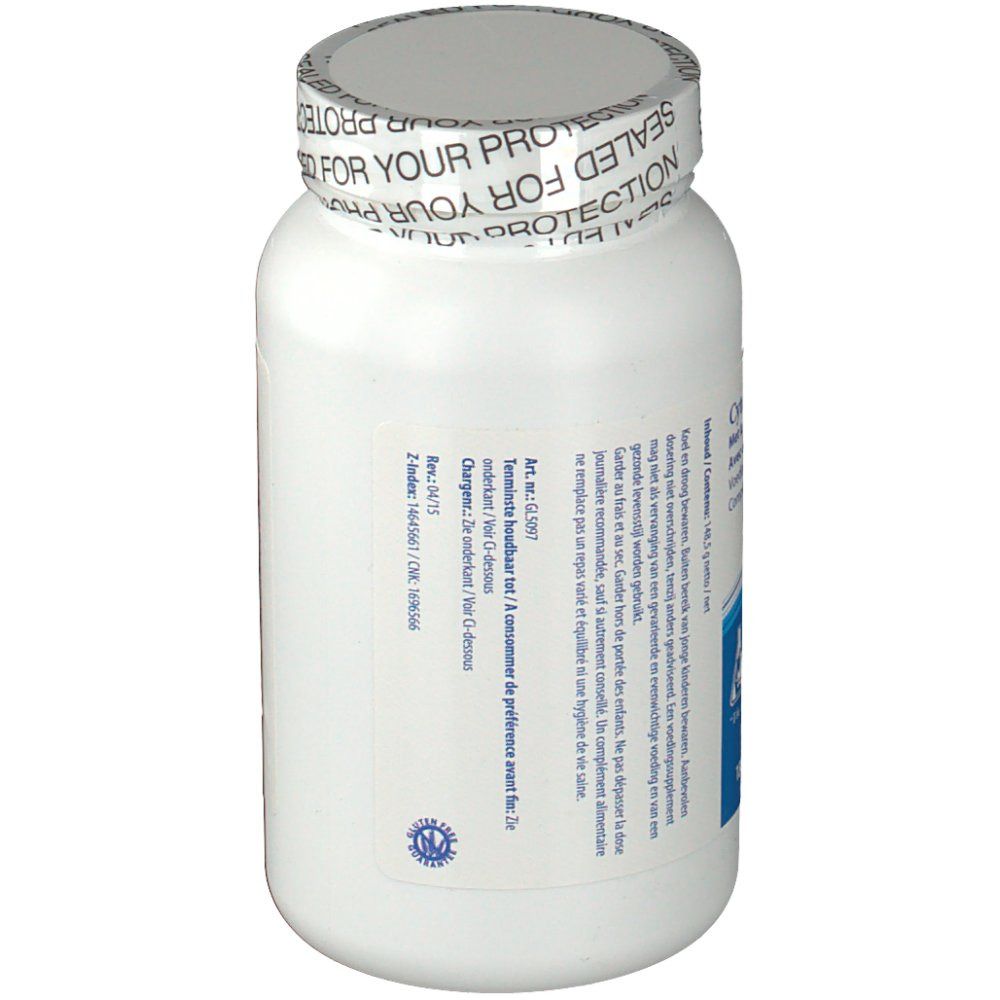 Dos d'un flacon blanc. Texte et sceau. Sceau: Sealed for your protection.