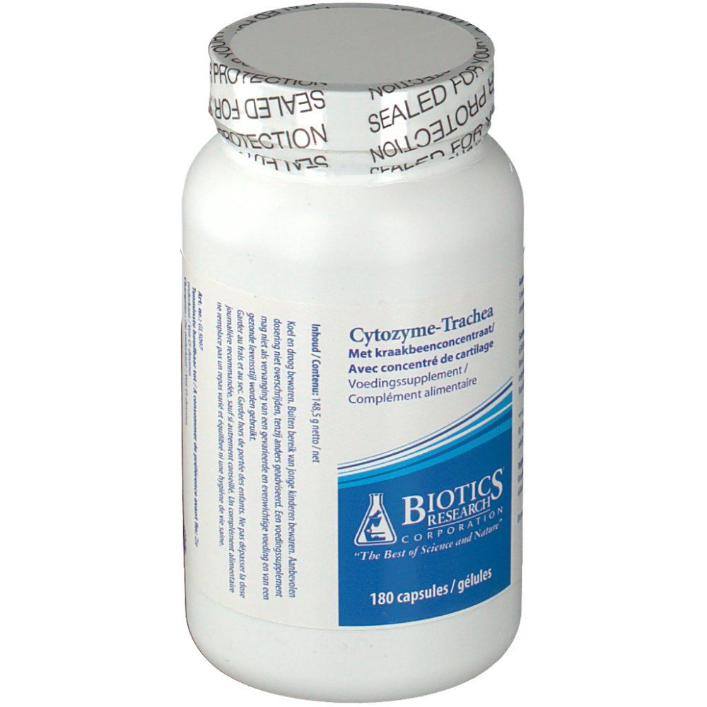 Flacon blanc avec bouchon à vis. Inscription: Biotics Research, Cytozyme-Trachea, 180 capsules. Sceau: Sealed for your protection.