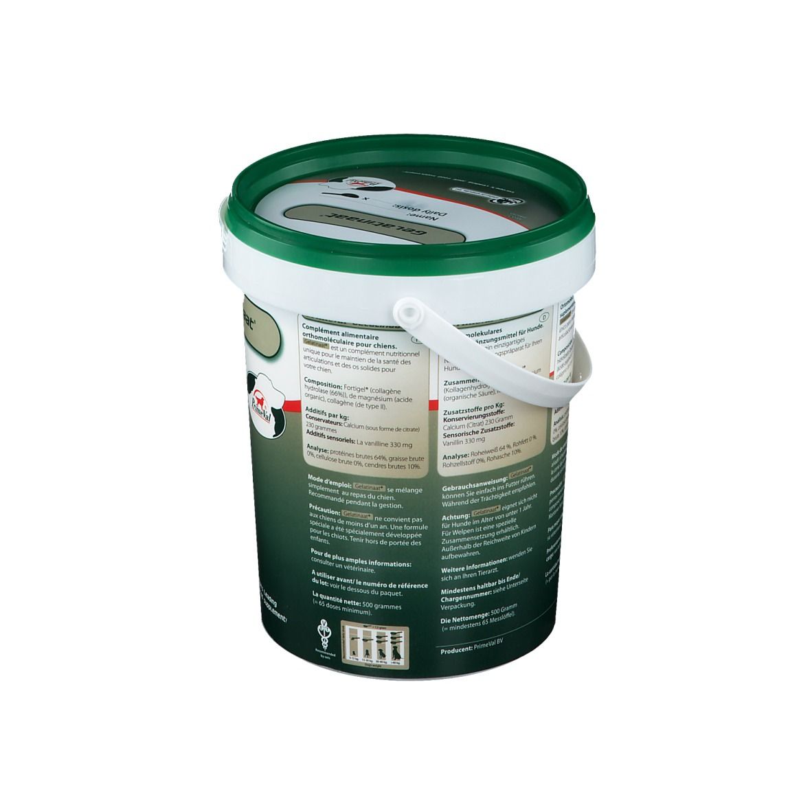 Seau avec couvercle vert. Dos avec texte. Contient des informations sur le produit et ses ingrédients.