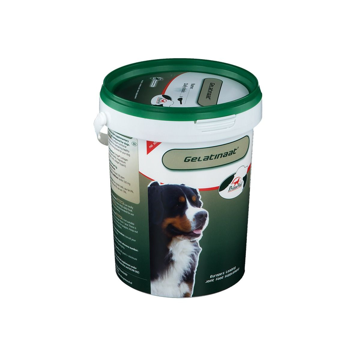 Seau vert et blanc avec couvercle vert. Inscription Gelatinaat. Image d'un chien. Texte: Europe's Leading Joint Food Supplement.