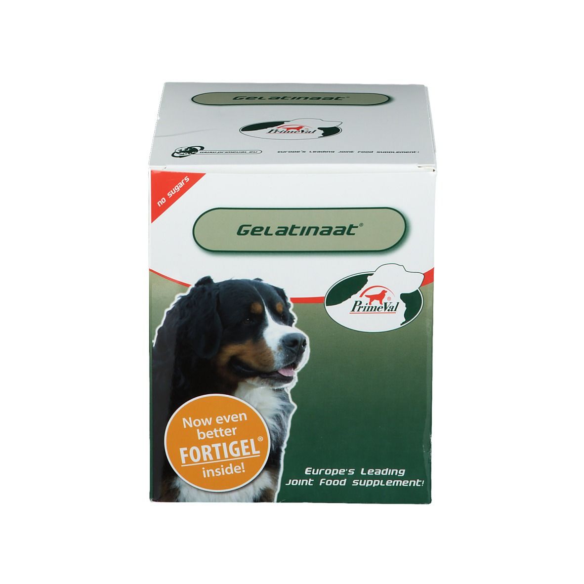 Boîte avec design vert et blanc. Inscription Gelatinaat. Image d'un chien. Texte: Europe's Leading Joint Food Supplement.