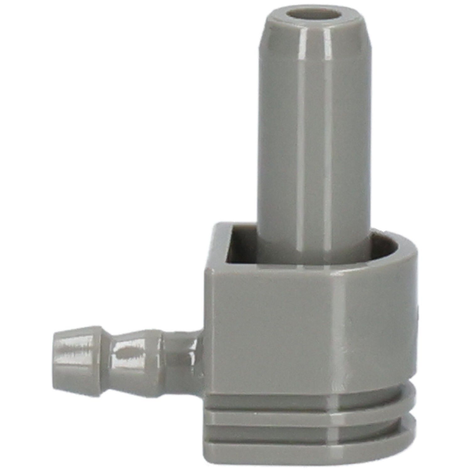 Connecteur de tuyau d'air gris avec deux raccords, un droit et un coudé.