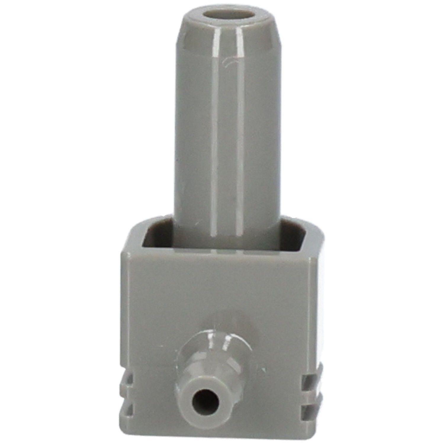 Connecteur de tuyau d'air gris avec deux raccords, un droit et un coudé.