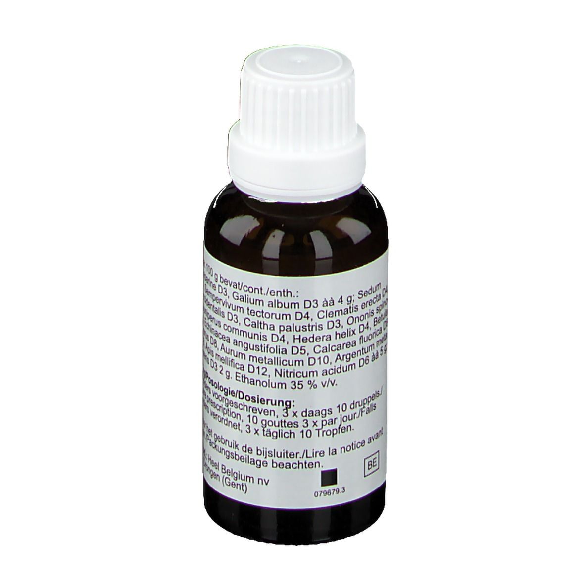 Flacon en verre brun avec bouchon blanc. Inscription: Galium-Heel N, 30 ml gouttes. Instructions de dosage.