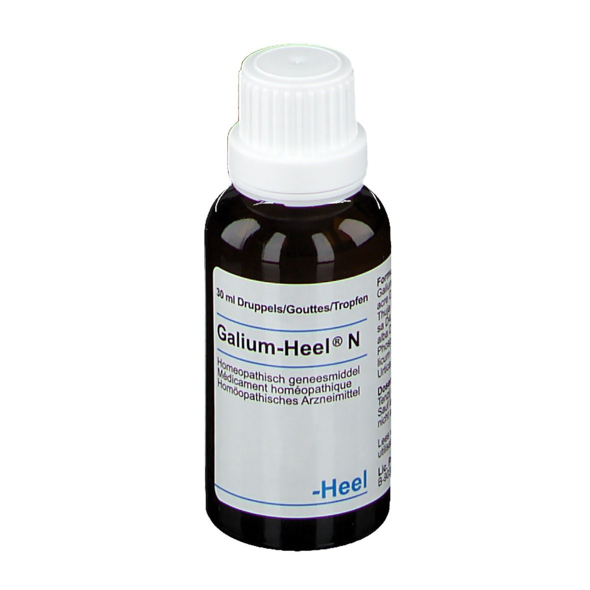 Flacon en verre brun avec bouchon blanc. Inscription: Galium-Heel N, 30 ml gouttes. Marque: Heel.