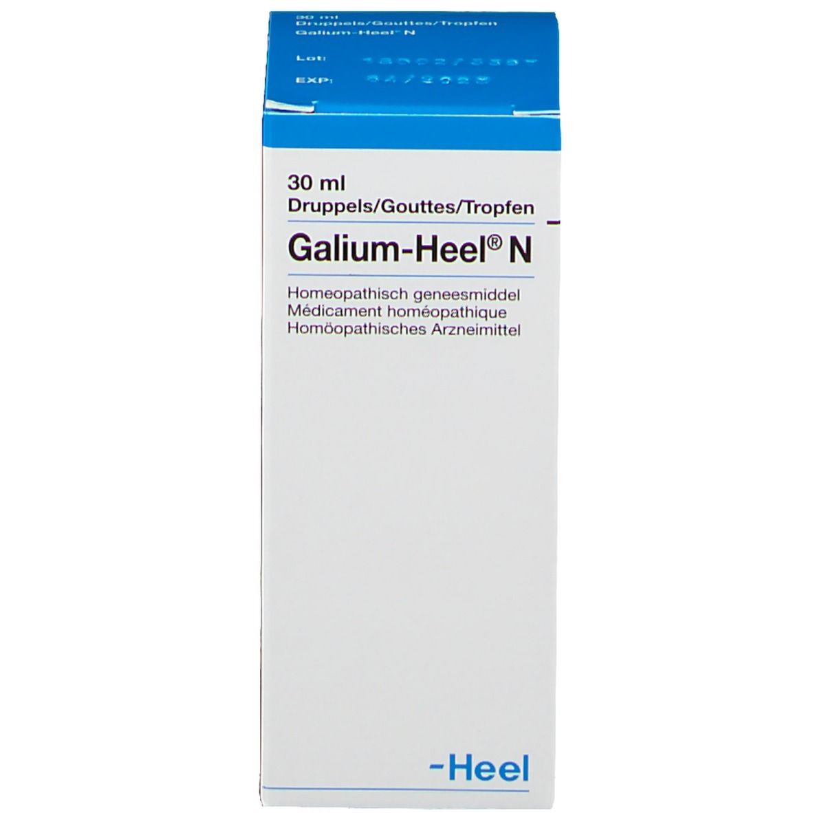 Emballage avec inscription: Galium-Heel N, 30 ml gouttes. Marque: Heel. Couvercle bleu.