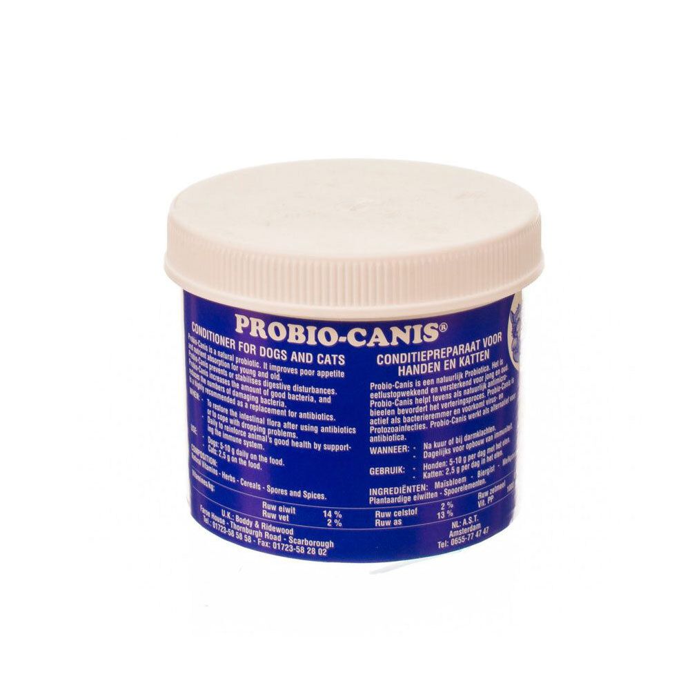 Witte container met blauw etiket. Opschrift: PROBIO-CANIS, Conditioner voor honden en katten.