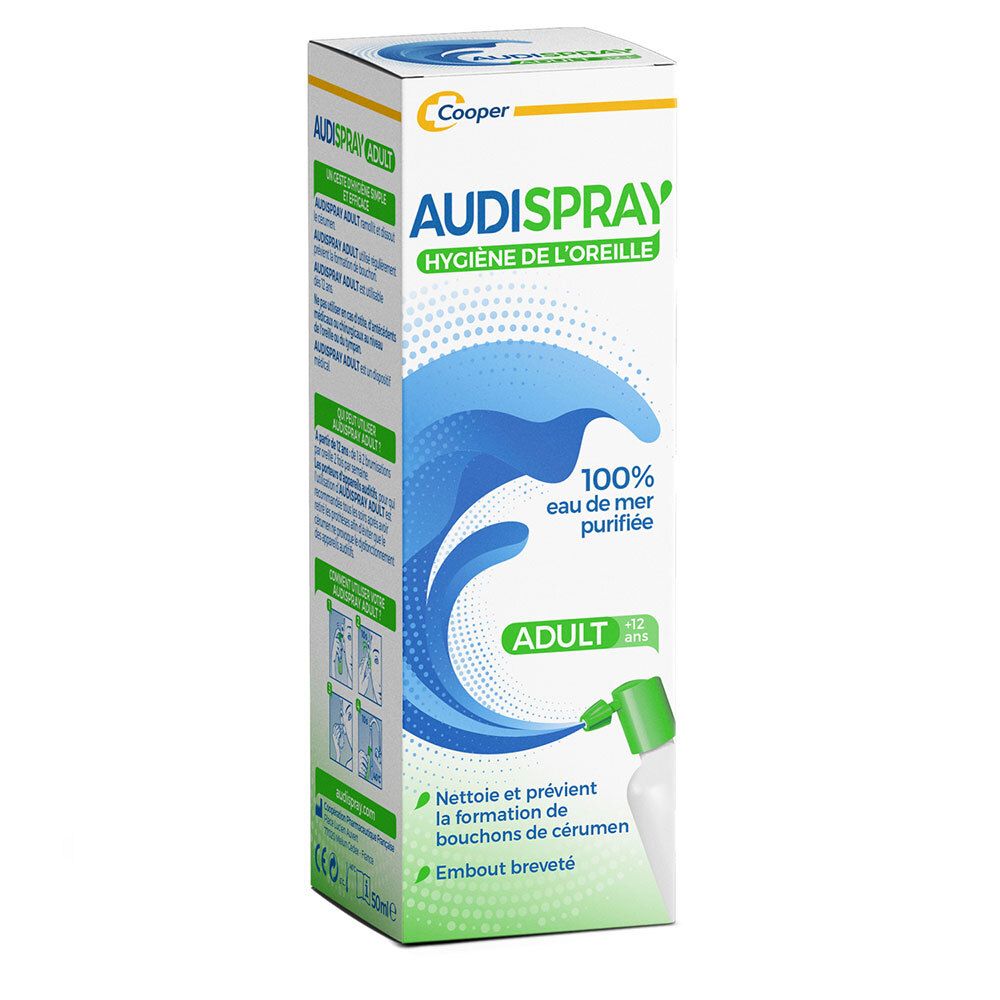 AUDISPRAY-verpakking. Wit, blauw golfpatroon, groene dop. Tekst: AUDISPRAY, Hygiène de l'oreille, 100% eau de mer purifiée, ADULT.