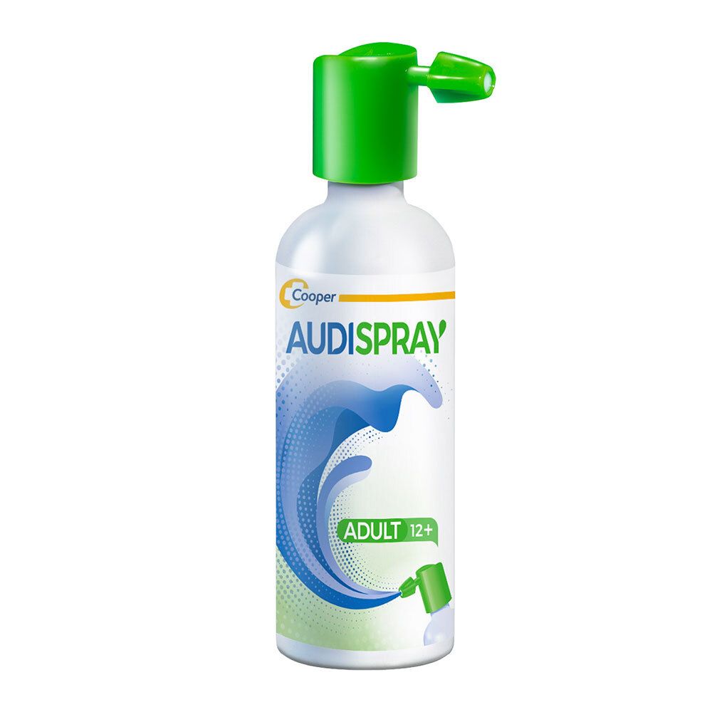 AUDISPRAY-fles. Wit, groene sproeikop. Tekst: AUDISPRAY, ADULT, 12+. Blauw golfpatroon. Groene sproeikop.