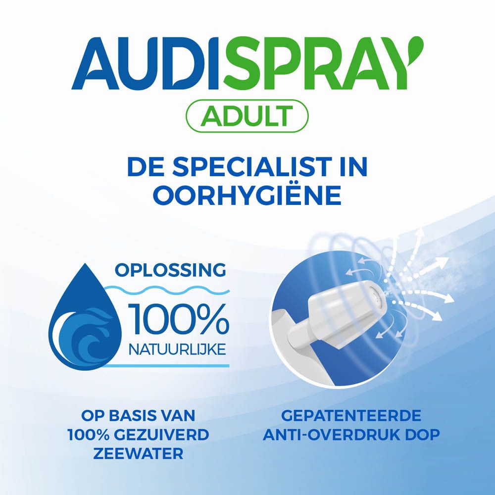 AUDISPRAY ADULT-verpakking en fles. Witte doos en fles met groene sproeikop. Tekst: ADULT.
