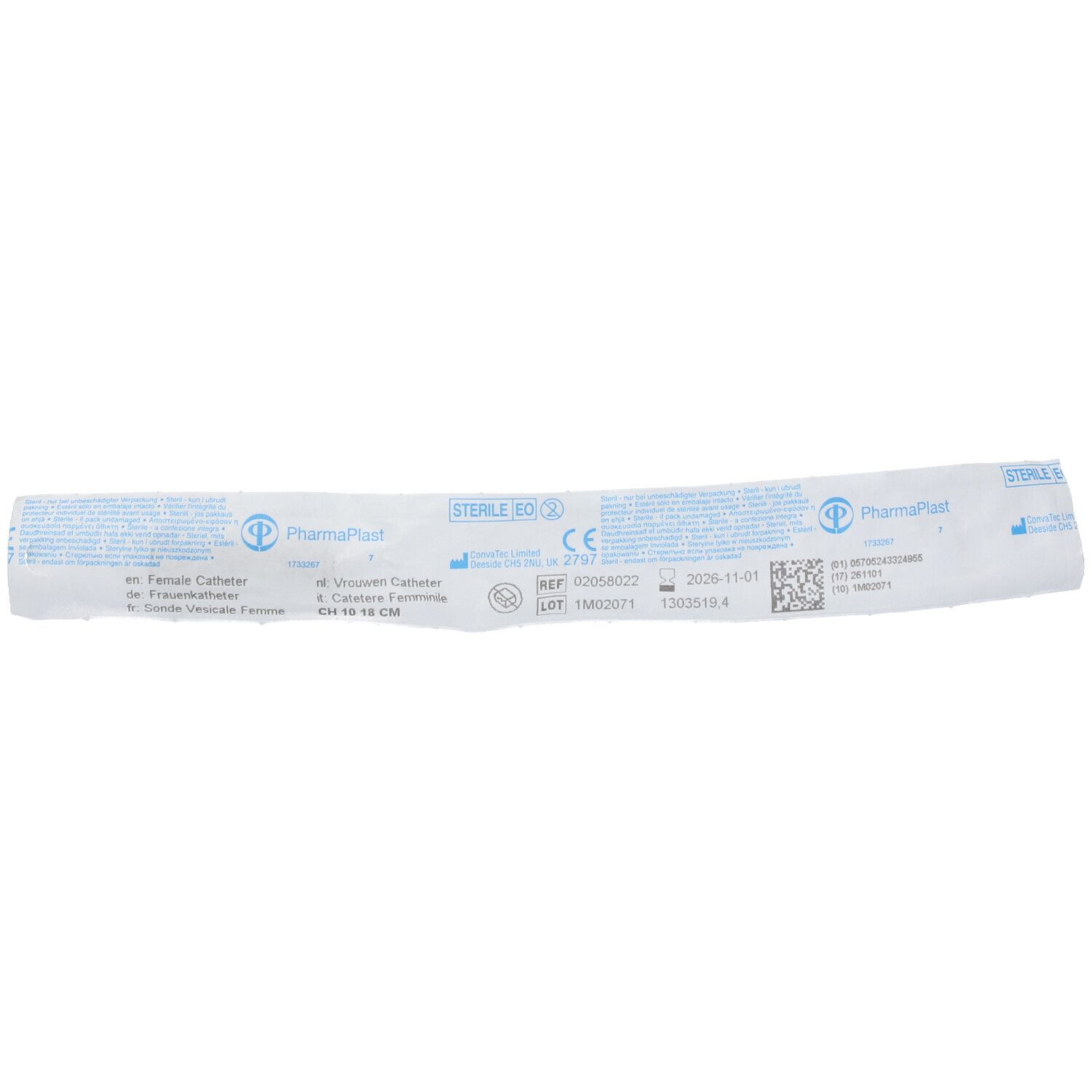 Verpakking van katheter. Opschriften: PharmaPlast, STERILE EO, CE-markering. Productnaam: Female Catheter, CH 10, 15 CM.