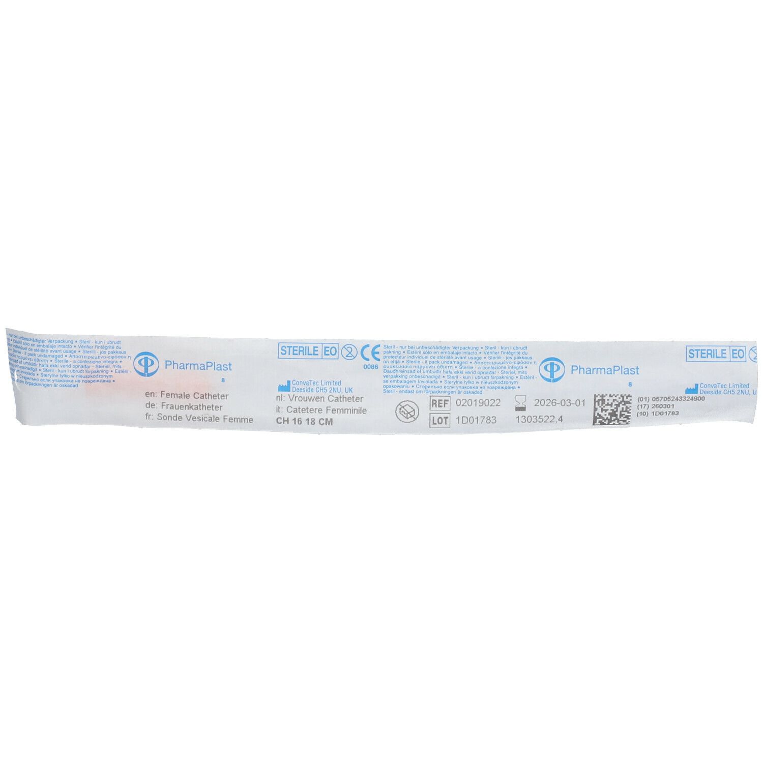 Emballage stérile d'un cathéter féminin PharmaPlast, Ch 16. Informations produit, marquage CE.