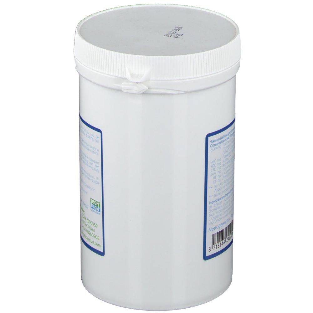 Witte, cilindervormige pot met schroefdop. Etiket met productinformatie en logo's. Zijaanzicht.