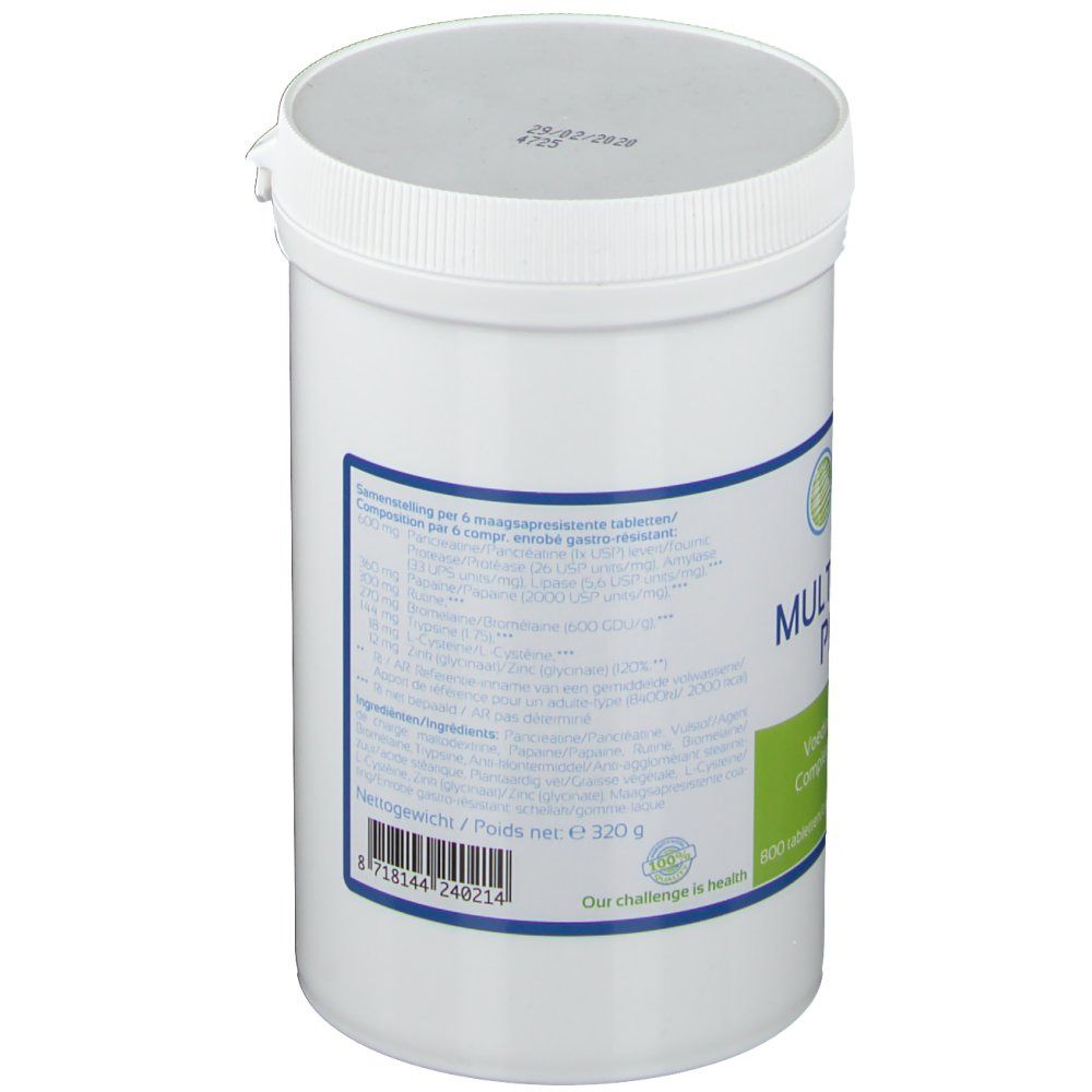 Witte, cilindervormige pot met schroefdop. Etiket met productinformatie en logo's. Zijaanzicht.