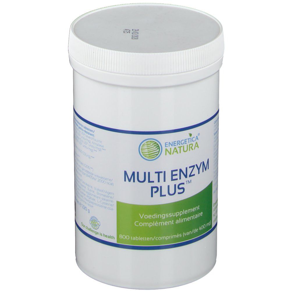 Witte, cilindervormige pot met schroefdop. Opschrift: Energetica Natura Multi Enzym Plus. Groen-witte etiketten.