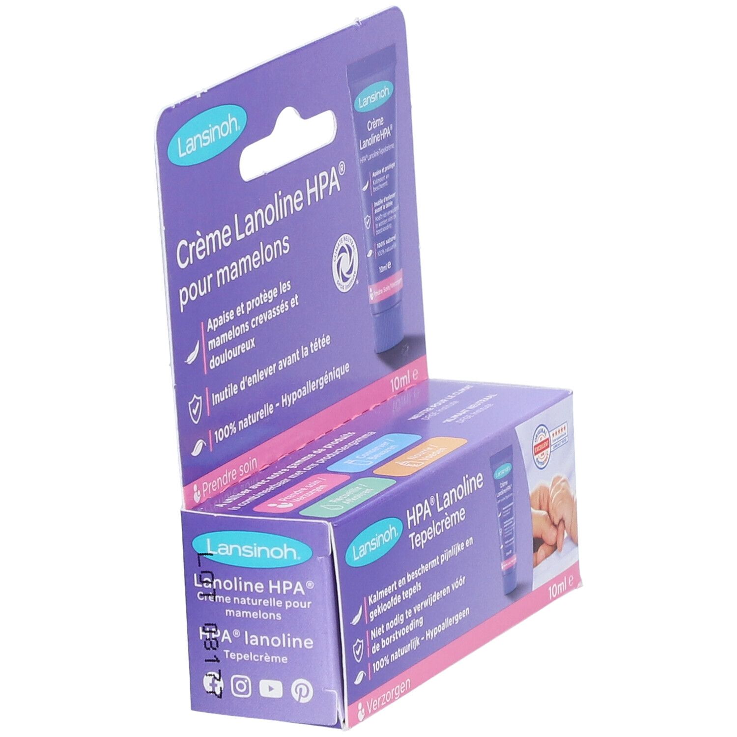 Emballage avec tube et boîte. Crème Lanolin HPA pour mamelons. 100% naturel, hypoallergénique. 10ml. Avec main de bébé.