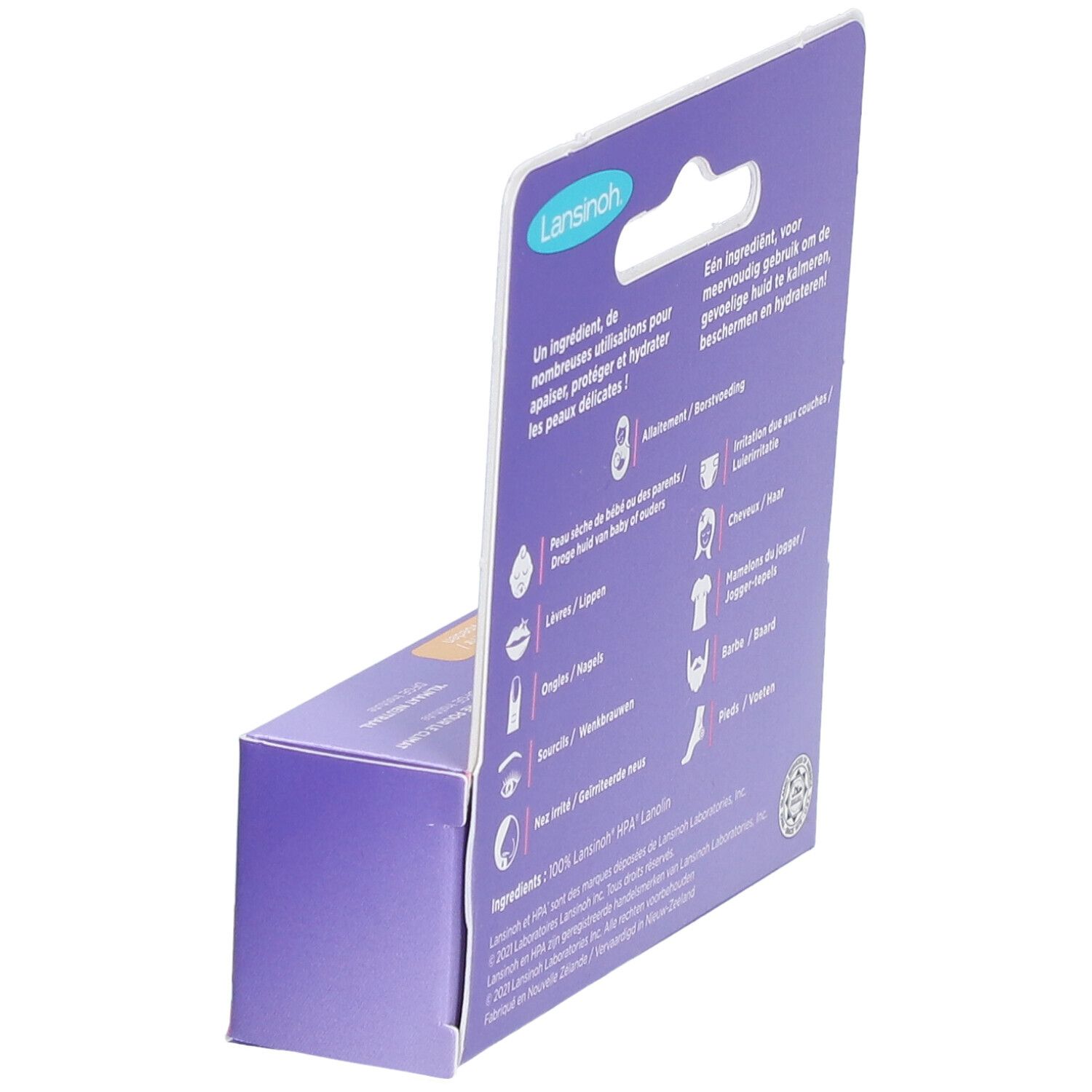 Emballage. Texte multilingue. Ingrédients: 100% Lanolin HPA. Utilisations: peau, lèvres, ongles, etc.