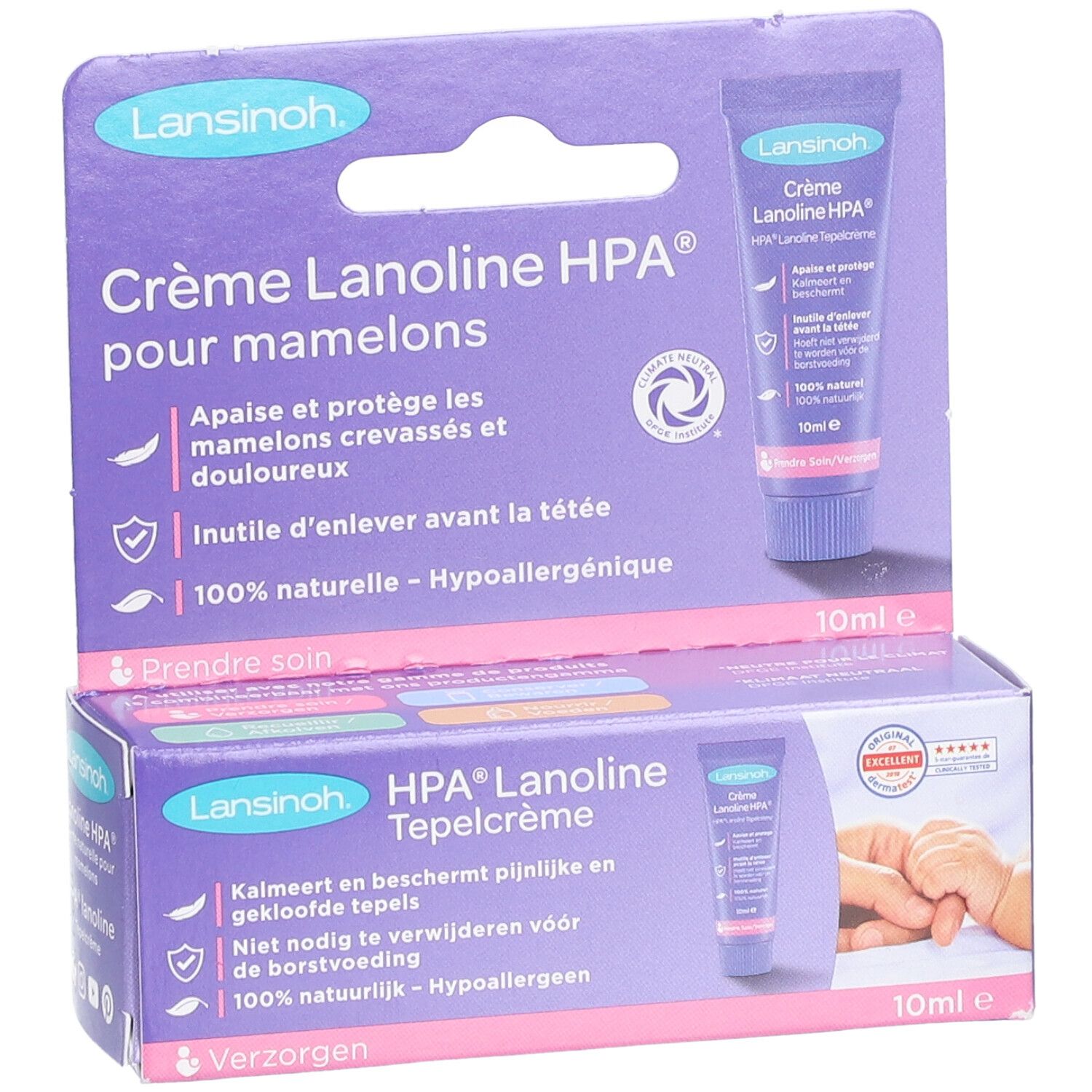 Emballage avec tube et boîte. Crème Lanolin HPA pour mamelons. 100% naturel, hypoallergénique. 10ml. Avec main de bébé.