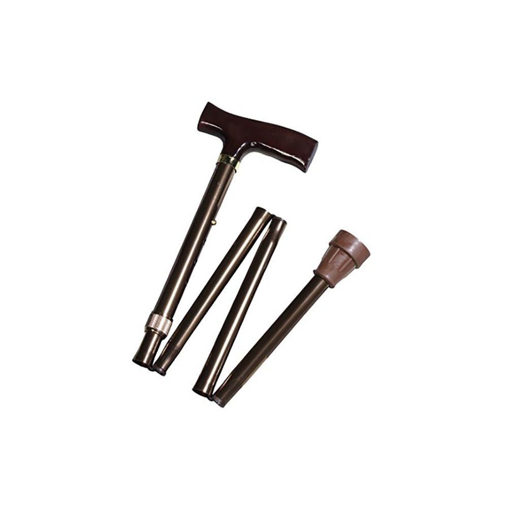 Opvouwbare bronzen wandelstok met bruine handgreep en punt. Vierdelig opvouwbaar.
