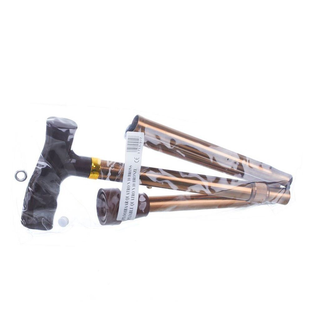 Canne pliante emballée. Couleur bronze. Informations produit sur l'emballage.