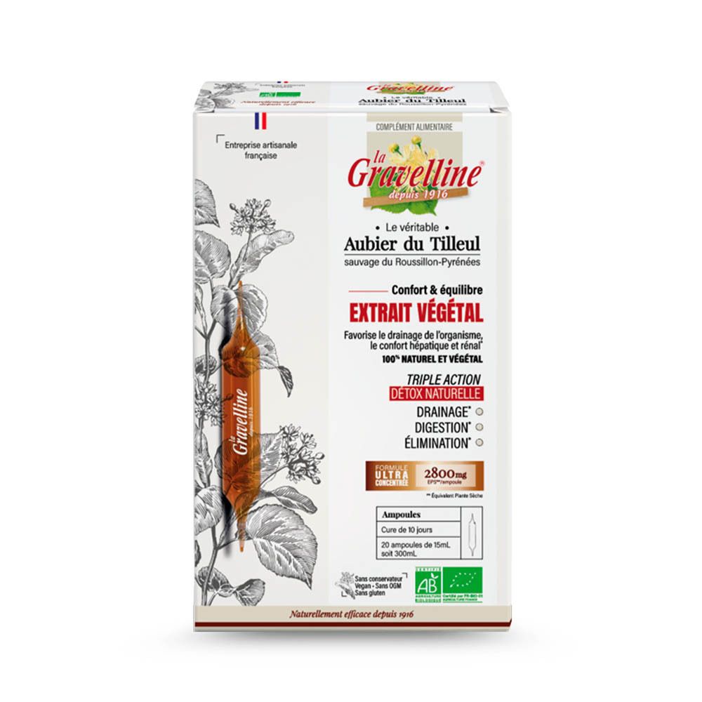 Doosje la Gravelline met ampul. Opschrift: Aubier du Tilleul, Extrait végétal. AB Bio-certificering.